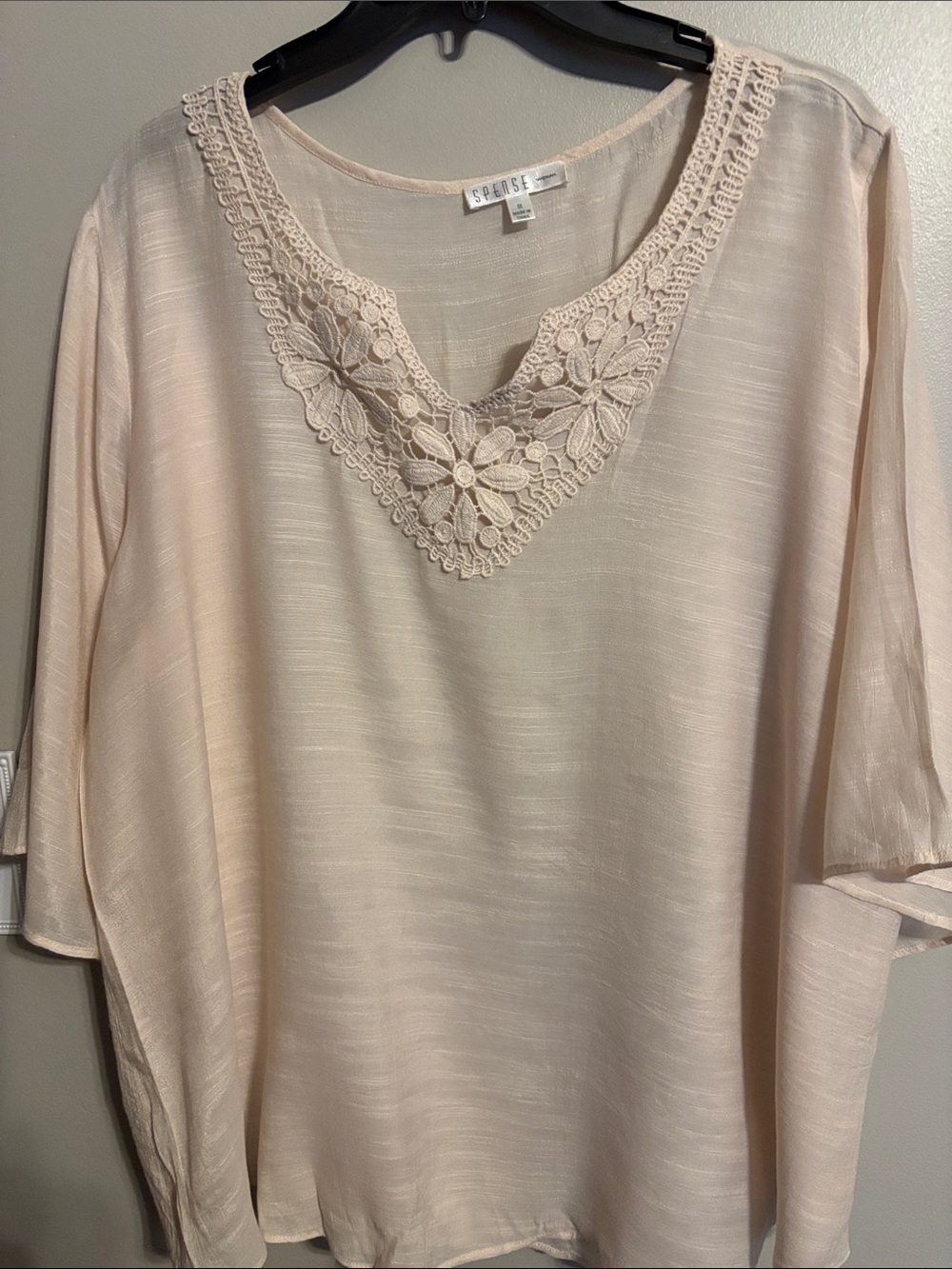 Spense Pale Blush Crochet V-Neck Tunic Top